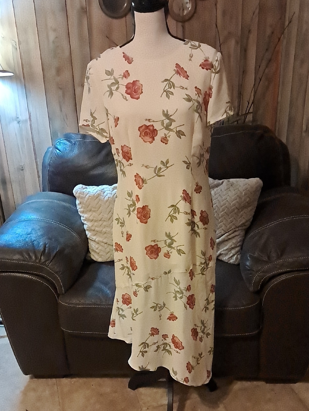 Women's Floral Cream 100% Silk Midi Dress with Rose Print Asymetrical Garden